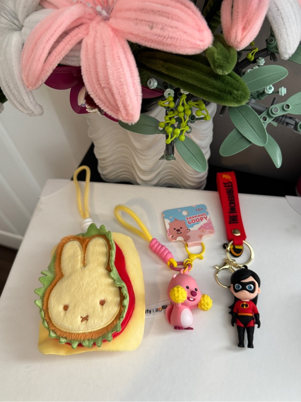 Cute Character Bag Keychains Bundle — Miffy, Zanmang Loopy, and The Incredibles